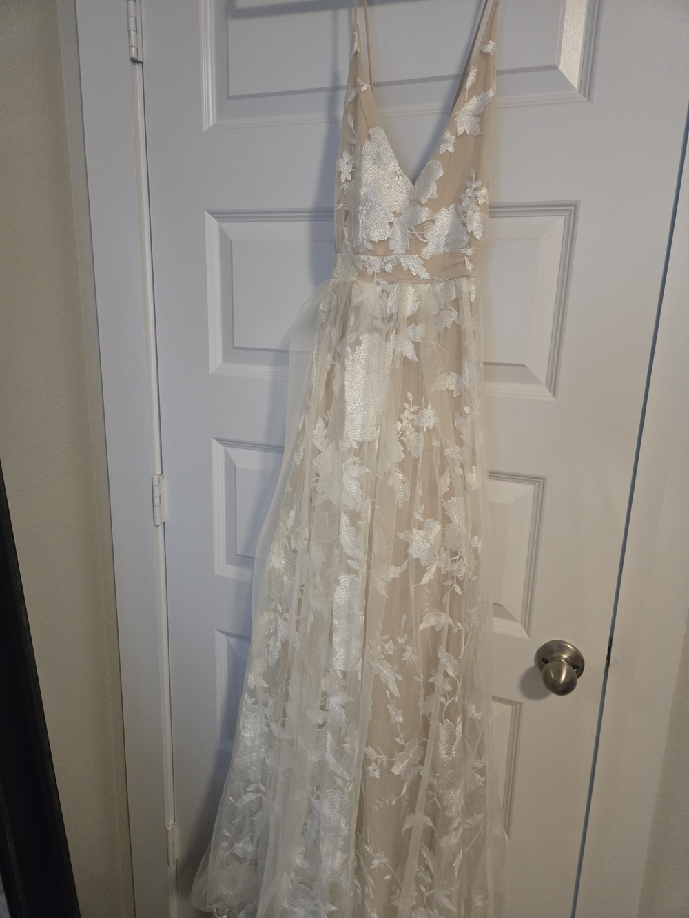 Altar'd State Sheer Floral Lace V-Neck Gown in Ivory and Nude